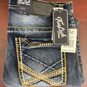 True Luck Men`s Jeans Straight Medium Wash 32x32 NWT $60 Embroidered Bootcut
